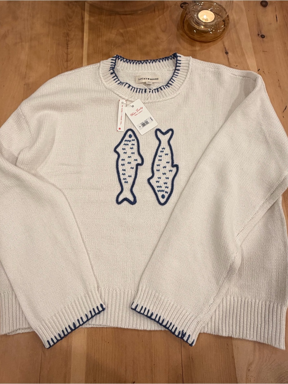 Lucky Brand White Sweater with Blue Fish Embroidery